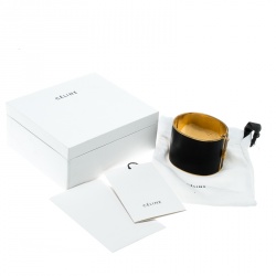 Pre Owned Céline Black Leather Gold Tone Wide Cuff Bracelet