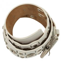 Pre Owned Celine White Leather Logo Studded Belt 89 CM
