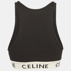 Celine Black Logo Intarsia Rib Knit Halter Neck Crop Top S
