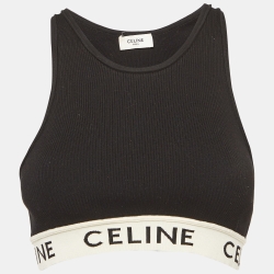 Celine Black Logo Intarsia Rib Knit Halter Neck Crop Top S
