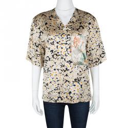 Pre Owned Celine Multicolor Floral Printed Silk Contrast Pocket Detail Top M