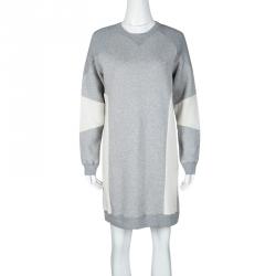 Pre Owned Celine Grey Knit Contrast Fleece Panel Detail Crew Neck Sweatshirt Dress M
