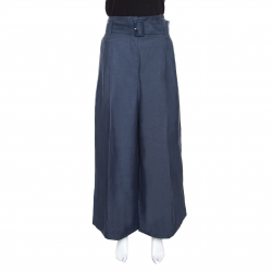 Pre Owned Celine Blue Linen High Waist Belted Flared Culottes L