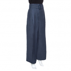 Pre Owned Celine Blue Linen High Waist Belted Flared Culottes L