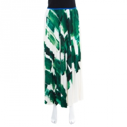 Celine Cream and Green Brushstroke Printed Silk Plisse Midi Skirt M