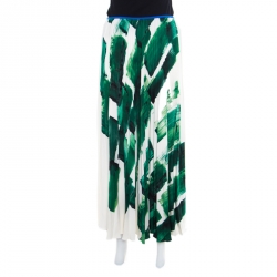 Celine Cream and Green Brushstroke Printed Silk Plisse Midi Skirt M