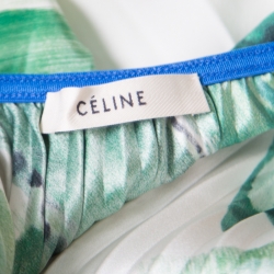 Celine Cream and Green Brushstroke Printed Silk Plisse Midi Skirt M