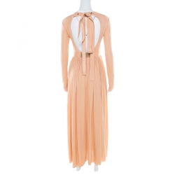 Pre Owned Celine Peach Stretch Knit Tie Up Detail Gathered Empire Maxi Dress M