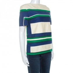 Pre Owned Celine Color Block Silk Patched Detail Short Sleeve Top M