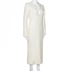 Celine Cream Wool  Blend V Neck Midi Dress L