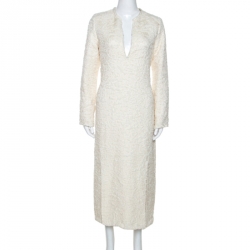 Celine Cream Wool  Blend V Neck Midi Dress L