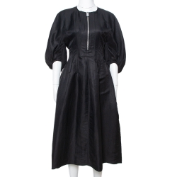Pre Owned Celine Black Linen Zip Front Balloon Sleeve Dress M