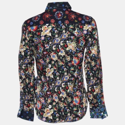 Pre Owned Celine Black Floral Printed Silk Tie Detail Shirt M