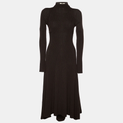 Pre Owned Celine Brown Wool Knit Open Back High Neck Midi Dress L