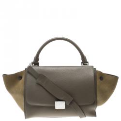 Pre Owned Celine Taupe Two Tone Leather and Suede Small Trapeze Tote