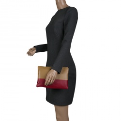Pre Owned Celine Dark Beige/Red Leather Solo Clutch Pouch