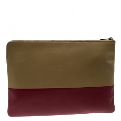 Pre Owned Celine Dark Beige/Red Leather Solo Clutch Pouch