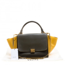 Pre Owned Celine Khaki/Yellow Leather Small Trapeze Tote