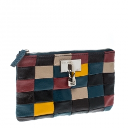 Celine Blue/Multicolor Color Block Leather Zip Pouch