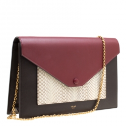 Pre Owned Celine Tri Color Leather and Snakeskin Envelope Chain Clutch
