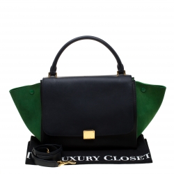 Pre Owned Celine Black/Green Leather and Suede Medium Trapeze Tote