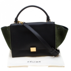 Pre Owned Celine Black/Green Leather and Suede Medium Trapeze Tote