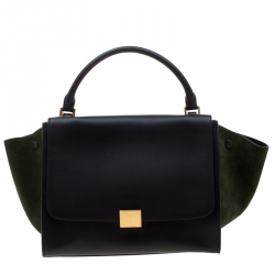 Pre Owned Celine Black/Green Leather and Suede Medium Trapeze Tote