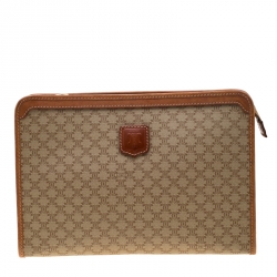 Pre Owned Celine Beige/Tan Coated Canvas and Leather Clutch