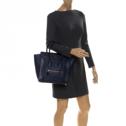 Pre Owned Celine Navy Blue Leather Micro Luggage Tote