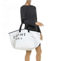 Celine White/Black Canvas and Leather Horizontal Cabas Tote Bag