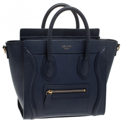 Pre Owned Celine Navy Blue Leather Nano Luggage Tote