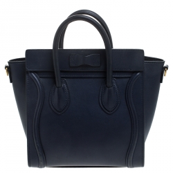 Pre Owned Celine Navy Blue Leather Nano Luggage Tote