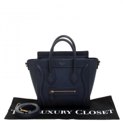 Pre Owned Celine Navy Blue Leather Nano Luggage Tote