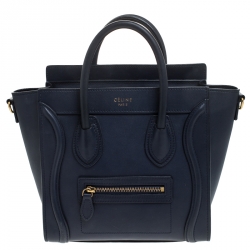 Pre Owned Celine Navy Blue Leather Nano Luggage Tote