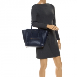 Pre Owned Celine Navy Blue Leather Micro Luggage Tote