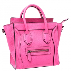 Pre Owned Celine Neon Pink Leather Nano Luggage Tote