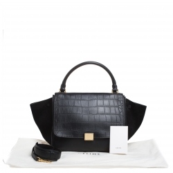 Pre Owned Celine Black Croc Embossed Leather and Suede Medium Trapeze Bag