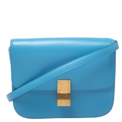 Pre Owned Celine Turquoise Leather Medium Classic Box Shoulder Bag