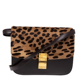 Pre Owned Celine Brown Leopard Print Leather and Calfhair Medium Classic Box Shoulder Bag