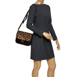 Pre Owned Celine Brown Leopard Print Leather and Calfhair Medium Classic Box Shoulder Bag