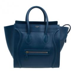 Pre Owned Celine Navy Blue Leather Mini Luggage Tote