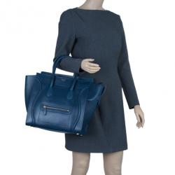 Pre Owned Celine Navy Blue Leather Mini Luggage Tote