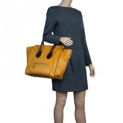 Pre Owned Celine Tan Black Handle Leather Mini Luggage Tote