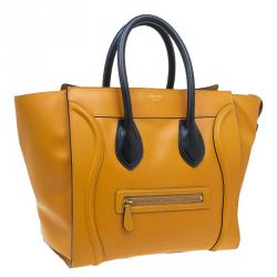 Pre Owned Celine Tan Black Handle Leather Mini Luggage Tote