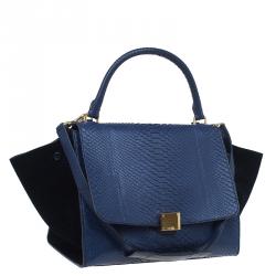 Pre Owned Celine Navy Blue Python Suede Medium Trapeze Bag