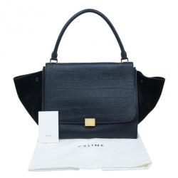 Pre Owned Celine Black Leather Embossed Crocodile Large Trapeze