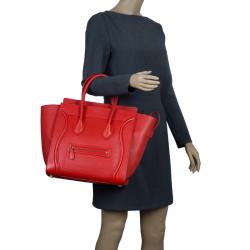 Pre Owned Celine Vermillion Calfskin Leather Mini Luggage Tote