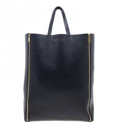 Celine Black Leather Vertical Gusset Zip Mesh Cabas Tote Bag