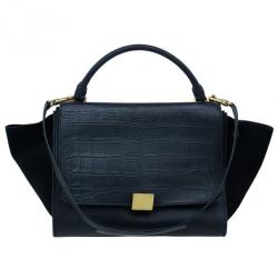 Pre Owned Celine Black Croc Embossed Medium Trapeze Tote
