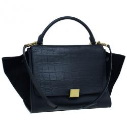 Pre Owned Celine Black Croc Embossed Medium Trapeze Tote